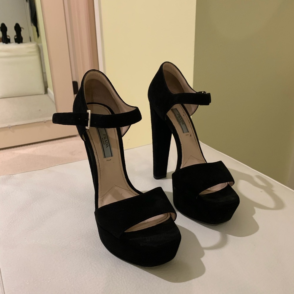 Prada Platform Heels Black Suede Ankle Strap Open Toe Size 38